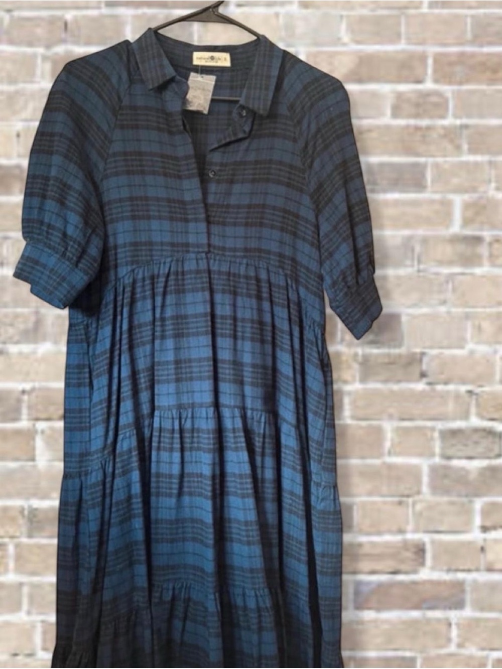 NATURAL LIFE Blue Plaid Tiered Short-Sleeve Maxi Dress
